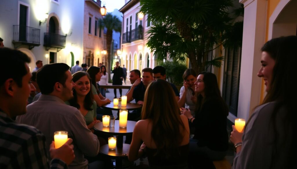 A lively speed dating event in the historic city of St. Augustine, Florida. The foreground depicts a group of people engaged in animated conversation, their faces lit by the warm glow of candlelight. In the middle ground, small circular tables are arranged in a cozy setting, creating an intimate atmosphere conducive to meaningful connections. The background showcases the charming architecture of St. Augustine, with its Spanish colonial-style buildings and narrow, cobblestone streets, setting the scene for a unique and memorable dating experience. The overall mood is one of excitement, anticipation, and the possibility of finding a special someone in this vibrant coastal town.