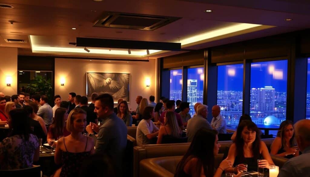 A bustling speed dating event in the heart of Liberty Triangle, Florida. A warm, inviting atmosphere fills the intimate lounge, where singles mingle under soft, ambient lighting. In the foreground, a diverse group of people engaged in lively conversations, their expressions ranging from nervousness to eager anticipation. The middle ground showcases cozy seating arrangements, encouraging comfortable interactions. In the background, the sleek, modern décor of the venue creates a sophisticated, urban vibe, while large windows offer glimpses of the vibrant city skyline beyond. A sense of energy and possibility permeates the scene, capturing the excitement of new connections being forged.