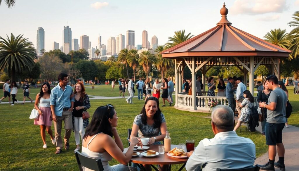 A serene park on a sunny day, with couples strolling, chatting, and laughing. In the foreground, a group of friends gathered around a small table, engaged in lively conversation over coffee and pastries. The middle ground features a charming gazebo where a speed dating event is taking place, with singles mingling and exchanging glances. In the background, a vibrant cityscape with skyscrapers and palm trees, capturing the dynamic energy of a thriving urban area. The lighting is soft and warm, creating a welcoming and intimate atmosphere, inviting the viewer to imagine themselves immersed in the social gathering.