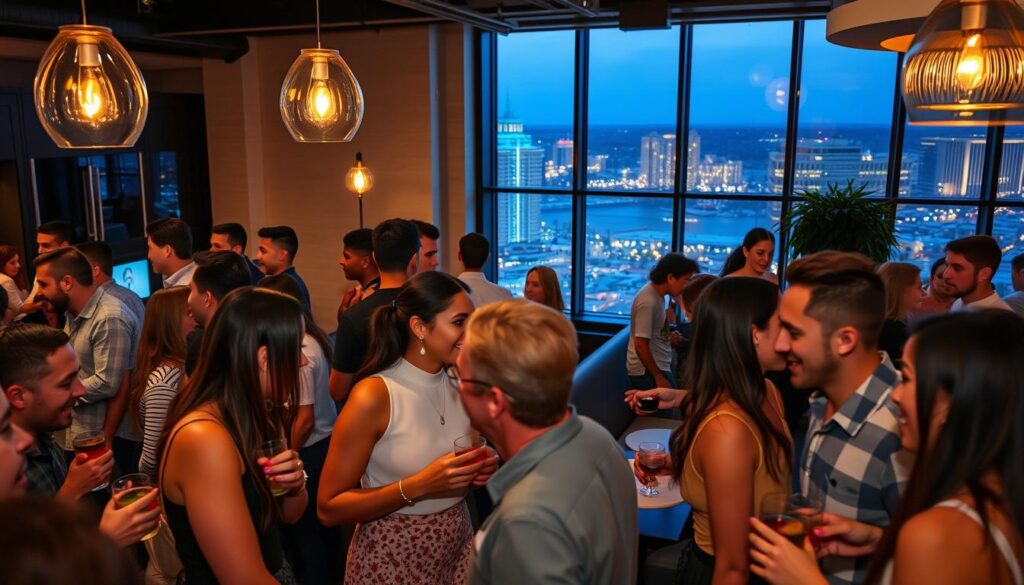 A lively speed dating event in Bloomingdale, Florida, with a stylish and inviting atmosphere. In the foreground, a diverse group of young professionals mingle over cocktails, engaged in animated conversations, their faces lit by the warm glow of pendant lighting. In the middle ground, cozy seating arrangements encourage intimate discussions, while the background features sleek, contemporary decor and large windows offering a glimpse of the vibrant Bloomingdale cityscape. The overall mood is one of excitement, connection, and an undercurrent of romantic potential, captured through a cinematic wide-angle lens with soft, diffused lighting.