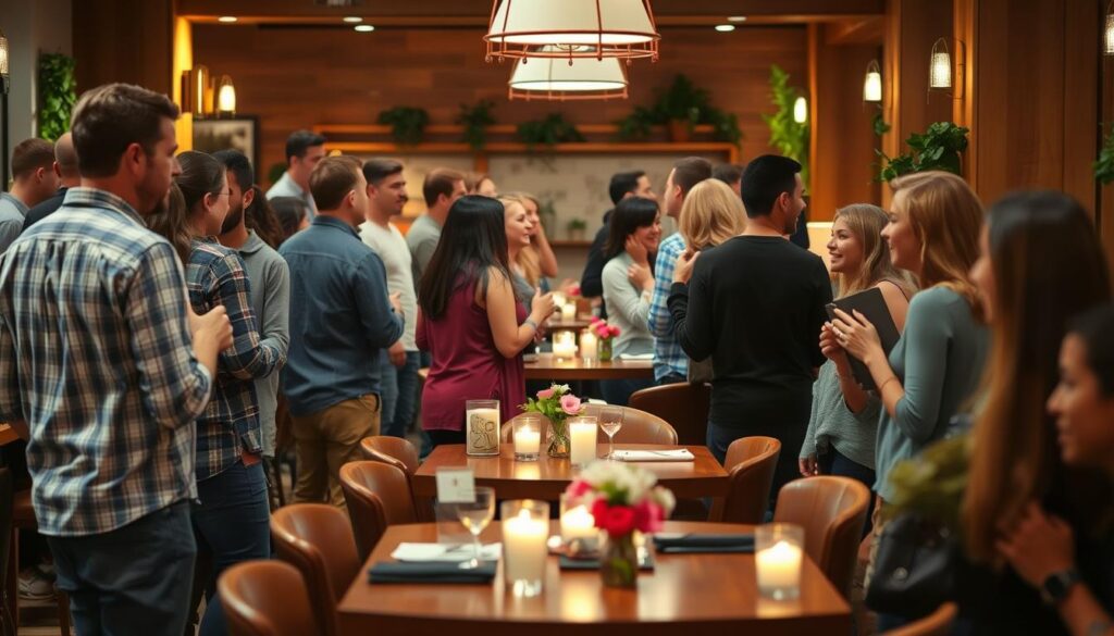 A bustling speed dating event in a cozy cafe setting. In the foreground, a group of casually dressed individuals mingling and chatting animatedly, their faces alight with anticipation and possibility. In the middle ground, intimate tables with candles and flowers set the mood for intimate conversations. The background features a warm, inviting atmosphere with soft lighting, natural wood furnishings, and a hint of greenery, creating a welcoming and relaxed ambiance. The scene conveys a sense of connection, excitement, and the chance to forge meaningful relationships in a comfortable, low-pressure environment.