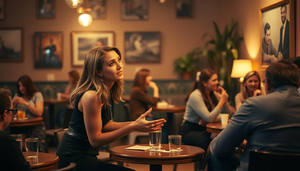 A cozy, intimate speed dating event in Winter Park, Florida. The warm, softly-lit interior of a local cafe or lounge, with small tables scattered around, each occupied by a pair of potential matches. In the foreground, a stylishly dressed young woman leans in, gesturing animatedly as she converses with her date, her expression engaging and enthusiastic. Around them, other couples are engaged in lively discussions, creating a buzz of friendly chatter. The background is hazy, with hints of artwork on the walls and potted plants adding a touch of sophistication. The overall scene exudes a sense of excitement and possibility, perfectly capturing the essence of a successful speed dating event in this charming Florida town.