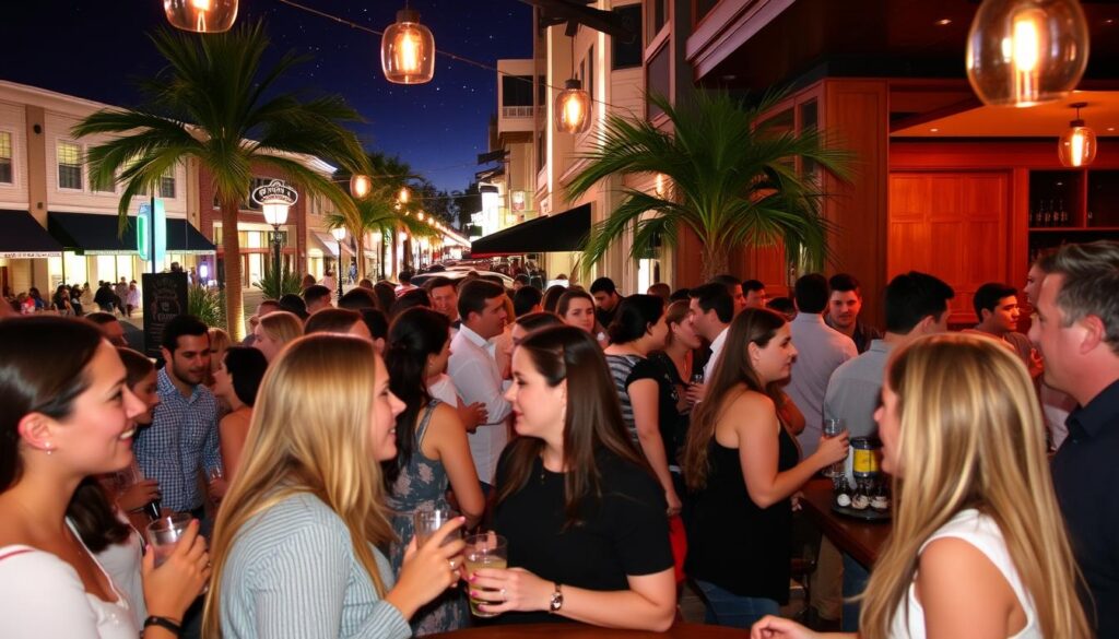 A lively singles event in the charming town of Oviedo, Florida. In the foreground, a group of young professionals mingle and converse over drinks, their faces illuminated by the warm glow of cafe lighting. Middle ground reveals a cozy indoor space, its wooden accents and plush seating exuding a relaxed, sophisticated ambiance. In the background, glimpses of Oviedo's vibrant downtown streetscape, with palm trees swaying gently under a star-speckled night sky. The scene captures the energy and excitement of Oviedo's thriving dating scene, inviting viewers to imagine themselves immersed in its vibrant social atmosphere.