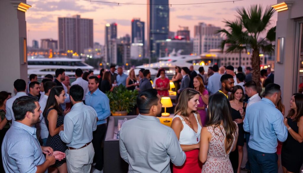 A bustling outdoor scene in the heart of Tampa Bay, Florida showcases a speed dating event in full swing. In the foreground, groups of stylishly dressed singles engage in lively conversations, their expressions animated and eager. The middle ground features a comfortable lounge area with plush seating, surrounded by modern decor and mood lighting. In the background, the iconic skyline of Tampa Bay provides a dynamic and vibrant backdrop, hinting at the energy and excitement of this thriving metropolitan area. The overall atmosphere exudes a sense of connection, possibility, and the thrill of new romantic potential.