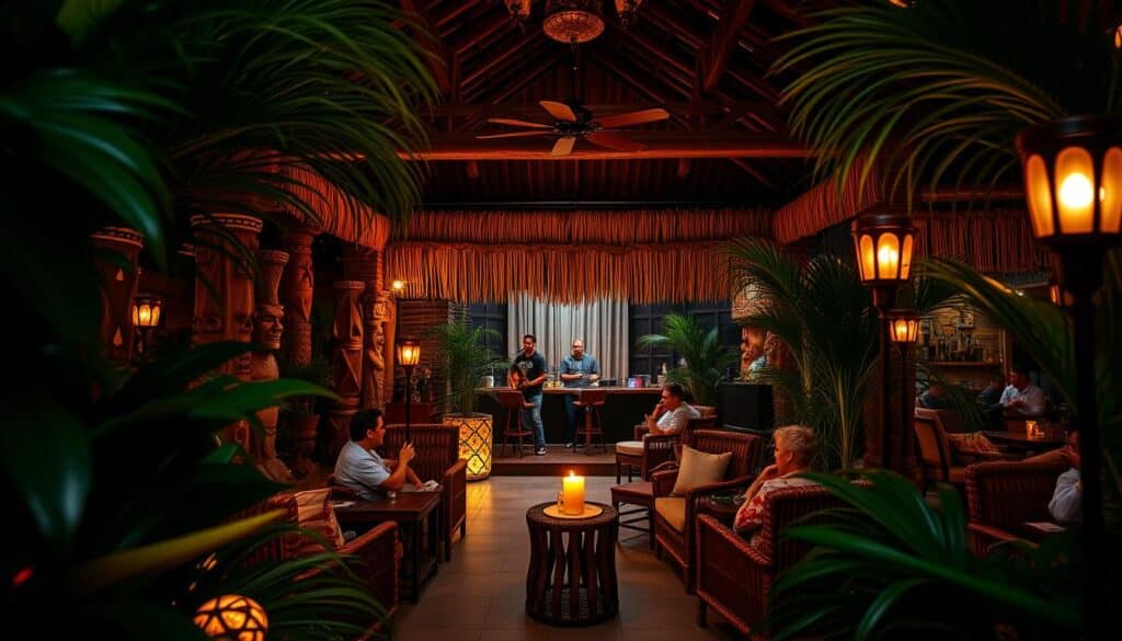 A cozy tiki-themed cocktail lounge nestled in the heart of Lakewood Ranch, Florida. Lush tropical foliage frames the entrance, leading to a dimly lit interior adorned with carved wooden sculptures and bamboo accents. Patrons sip on vibrant bahi hut cocktails while relaxing in plush rattan chairs under the warm glow of tiki torches. A live band plays soothing island melodies, creating an immersive oasis of casual elegance amidst the lively Lakewood Ranch social scene. Soft, diffused lighting casts a warm, inviting ambiance, capturing the essence of an upscale yet laid-back tiki paradise.