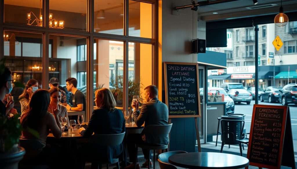 A cozy cafe set in downtown Lakeside, its large windows offering a warm glow onto the bustling street. An intimate gathering of singles engaged in friendly conversation, sipping coffee and wine. Soft lighting casts a romantic ambiance, while modern decor and furnishings create an inviting atmosphere. Couples are seated at small tables, their body language suggesting lively discussions and potential connections. In the background, a chalkboard displays upcoming speed dating event details, promising an evening of mingling and finding that special someone. The scene captures the excitement and anticipation of Lakeside's vibrant speed dating scene.