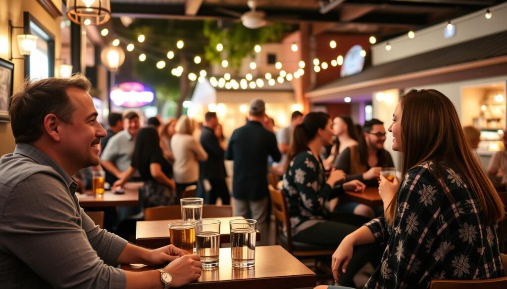 A lively speed dating event in the heart of Carrollwood, Florida. A cozy café setting with warm lighting and intimate tables, where singles mingle and engage in lively conversation. In the foreground, two people leaning in, making eye contact and smiling. In the middle ground, a diverse group of people chatting animatedly, sipping drinks. The background reveals the charming atmosphere of the local neighborhood, with the glow of string lights and the soft hues of the evening. The scene captures the energy and excitement of a popular speed dating gathering, perfectly capturing the essence of the Carrollwood dating scene.