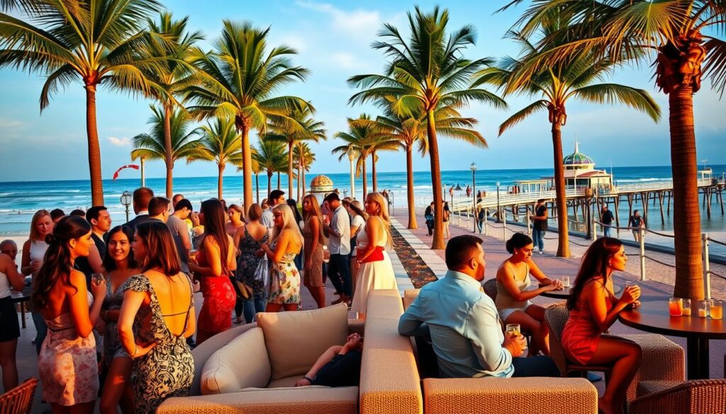 A vibrant speed dating event in the lively beachfront setting of New Smyrna Beach, Florida. In the foreground, a group of stylishly dressed women and men mingle and converse animatedly, drinks in hand, against a backdrop of palm trees and the glistening Atlantic Ocean. The mid-ground features comfortable seating arrangements where potential matches engage in intimate discussions, while the background showcases the charming seaside promenade, complete with palm-lined walkways and the iconic New Smyrna Beach pier. Warm, golden lighting casts a romantic glow over the entire scene, capturing the energy and excitement of this unique speed dating experience.