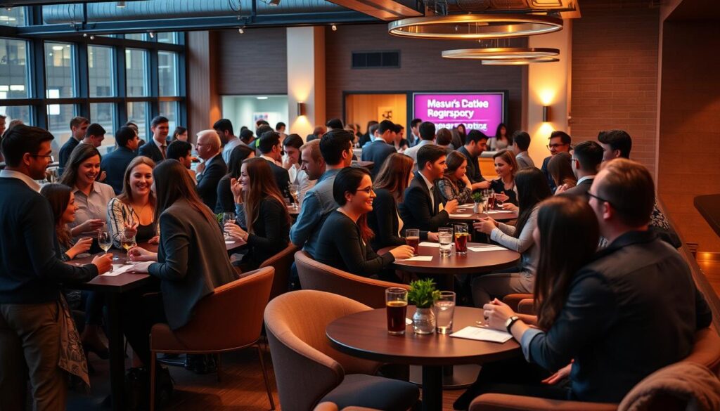 A bustling speed dating event in a contemporary university setting. Stylish young professionals mingle in a cozy lounge, energetic conversations and laughter filling the air. Warm lighting casts a flattering glow, while modern furniture and decor create an inviting, relaxed atmosphere. Guests gather at intimate tables, exchanging friendly smiles and animated gestures as they learn about each other. A sense of excitement and possibility permeates the scene, capturing the spirit of a fun, organic way for singles to connect.