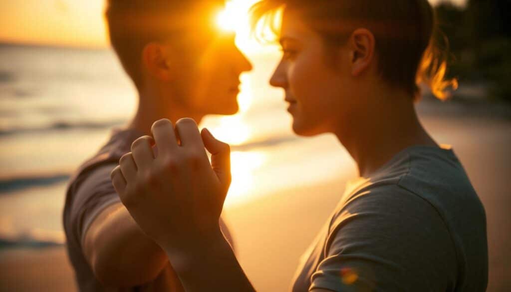A young couple engrossed in an intimate gaze, their eyes locked in a moment of deep connection, illuminated by the warm glow of the setting sun. The foreground features their intertwined hands, fingers laced together, a symbol of their budding romance. The middle ground showcases the couple's silhouettes, highlighting their closeness and the sense of vulnerability they share. In the background, a softly blurred scene of a hidden, secluded beach in Fort Pierce, Florida, with gentle waves lapping at the shore, creating a serene and romantic atmosphere. The lighting is a harmonious blend of golden hues, casting a dreamlike quality over the entire image, evoking a sense of tenderness and the thrill of new love.