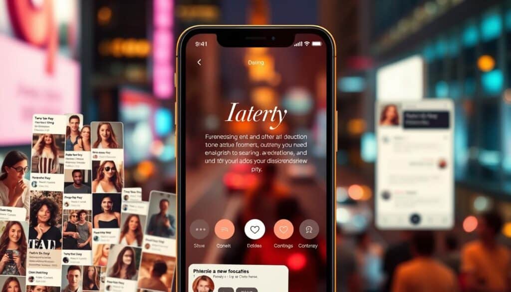 A bustling dating app interface, its sleek design illuminated by warm, soft lighting. In the foreground, a collage of profile photos and messages, conveying the excitement and anticipation of potential connections. The middle ground features elegant typography and icons, guiding users through the app's features. In the background, a blurred cityscape sets the scene, suggesting the urban landscape where these digital encounters might lead to real-world meetups. The overall atmosphere is one of modern romance, the promise of serendipitous meetings, and the thrill of new beginnings.