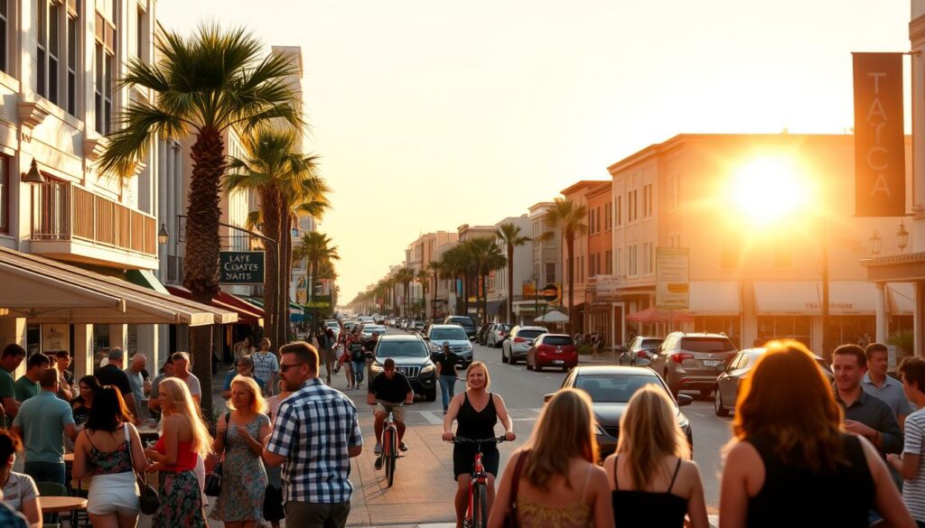 A bustling city street in Ormond Beach, Florida, filled with a diverse array of social activities - from lively outdoor cafes to trendy art galleries and live music venues. In the foreground, a group of people engaged in lively conversations, suggesting alternative avenues for making connections beyond traditional speed dating. The middle ground features a mix of pedestrians, cyclists, and cars, creating a dynamic urban energy. In the background, the sun casts a warm, golden glow, illuminating the vibrant scene and hinting at the endless possibilities for social interaction in this coastal town.