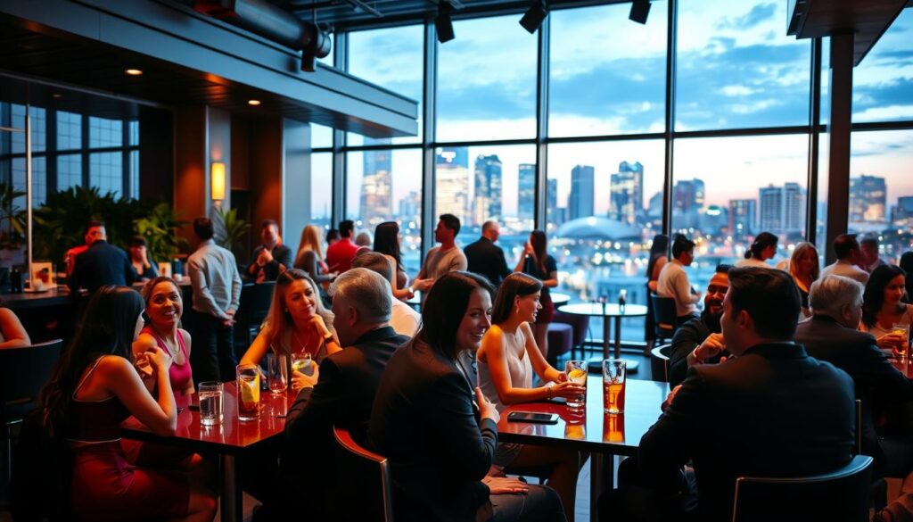 A vibrant evening scene of a speed dating event in Tampa, Florida. In the foreground, well-dressed singles engage in animated conversations around intimate cafe tables, faces aglow with the warm lighting. The middle ground depicts a modern lounge-like setting, with people mingling, drinks in hand, against a backdrop of sleek furnishings and stylish decor. In the background, the Tampa skyline is visible through large windows, hinting at the urban energy of the city. The overall atmosphere conveys a sense of excitement, connection, and the thrill of new possibilities. Captured with a wide-angle lens to embrace the lively ambiance of this speed dating gathering.