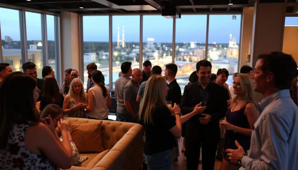 A lively speed dating event unfolds in the heart of Wesley Chapel, Florida. In the foreground, a group of singles mingle and engage in animated conversations, their faces alight with anticipation and excitement. The middle ground reveals a cozy, intimate setting - plush furniture, soft lighting, and decorated accents that create a welcoming atmosphere. In the background, the vibrant community of Wesley Chapel can be seen through large windows, hinting at the dynamic energy of the town. The scene evokes a sense of connection, opportunity, and the thrill of new beginnings, perfectly capturing the essence of speed dating in this vibrant Florida locale.
