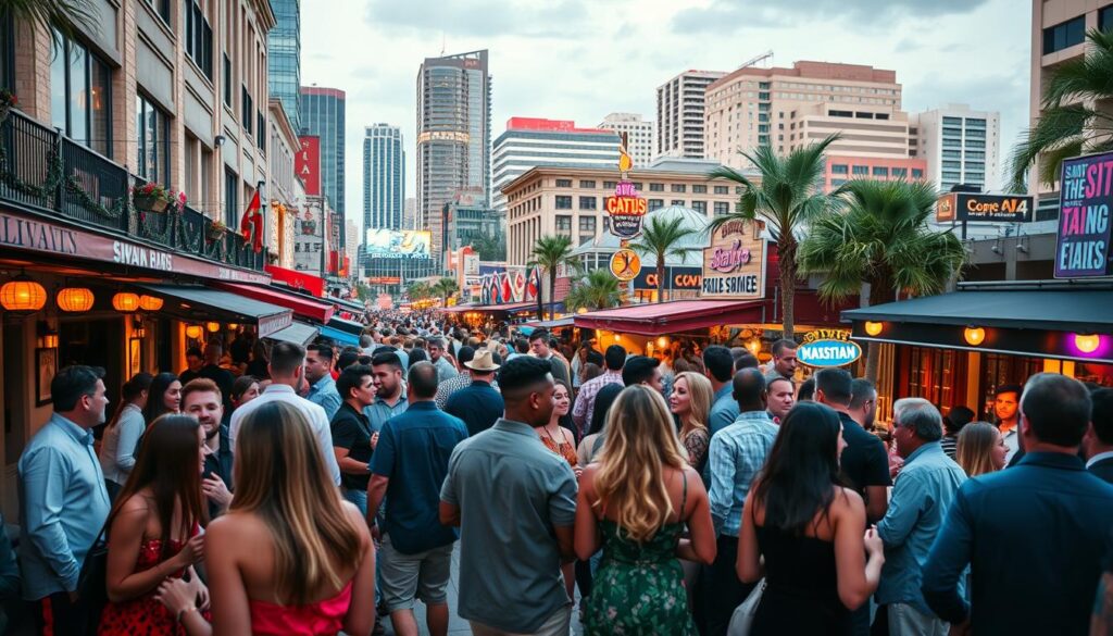 A bustling city scene in Poinciana, Florida, showcasing a vibrant array of singles events. In the foreground, a lively group of young professionals mingling at a speed dating mixer, dressed in chic attire and engaged in animated conversation. The middle ground features various cozy cafes, trendy bars, and upscale restaurants, their warm lighting and inviting ambiance setting the mood for a night of socializing. In the background, the skyline of Poinciana is visible, with modern high-rise buildings and a vibrant nightlife atmosphere, hinting at the diverse cultural and entertainment options available to singles in the area. The overall scene is captured in a cinematic, slightly low-angle perspective, creating a sense of energy and excitement.