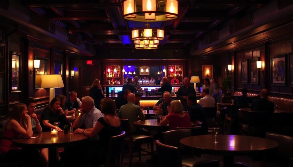 An interior scene of a lively bar or lounge, dimly lit with warm, intimate lighting. The foreground features a group of people seated at round tables, engaged in lively conversation. The middle ground showcases the bar area, with bartenders expertly mixing cocktails. The background reveals a cozy, inviting ambiance with comfortable seating and a stylish decor, creating a welcoming atmosphere for speed dating events. The overall scene conveys a sense of energy, sociability, and a touch of sophistication, perfectly suited for the "Top Venues for Speed Dating Events in St. Cloud" section.