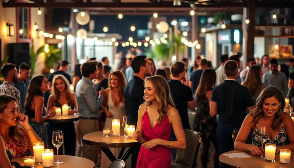 A vibrant and lively speed dating event in the heart of Lehigh Acres, Florida. In the foreground, a group of stylishly dressed singles mingle and converse, their expressions a mix of excitement and anticipation. The middle ground features tables adorned with candles and refreshments, creating an intimate and welcoming atmosphere. In the background, the warm glow of string lights and the lively chatter of the participants suggest a cozy, urban setting. The scene is lit by a combination of soft, natural lighting and subtle artificial illumination, creating a flattering and inviting ambiance. The overall composition captures the energy and social dynamics of a thriving speed dating event, perfectly suited to illustrate the "Speed Dating Events Near Lehigh Acres, Florida" section of the article.
