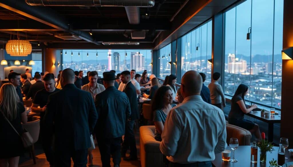 A lively speed dating event unfolds in Davie, Florida. The foreground depicts a group of singles mingling and chatting animatedly, dressed in stylish attire. The middle ground showcases the warm, inviting atmosphere of the venue, with cozy furniture and soft lighting creating an intimate ambiance. In the background, the skyline of Davie's bustling downtown area can be seen, hinting at the vibrant local culture. The entire scene is captured with a cinematic, slightly wide-angled lens, conveying a sense of energy and connection. The overall mood is one of excitement, optimism, and the potential for new romantic possibilities.
