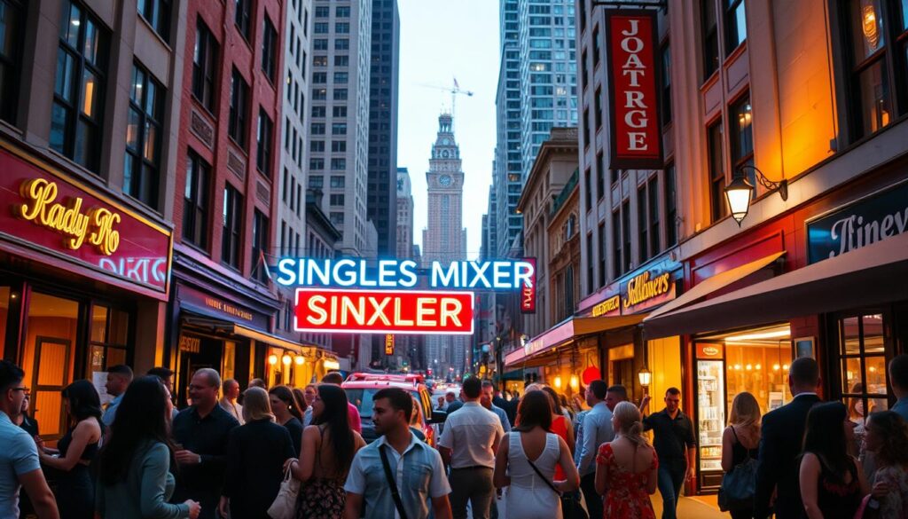 A bustling city street in the evening, illuminated by warm streetlights and the glow of storefronts. In the foreground, a group of stylishly dressed people mingling and conversing, their body language suggesting an air of casual sociability. In the middle ground, a neon sign reads "SINGLES MIXER" above the entrance to a contemporary lounge, its inviting atmosphere beckoning passersby. The background features a blend of modern high-rise buildings and quaint historic structures, creating a vibrant urban setting. The scene is captured with a cinematic, slightly wide-angle lens, conveying a sense of energy and connection within the local dating scene.