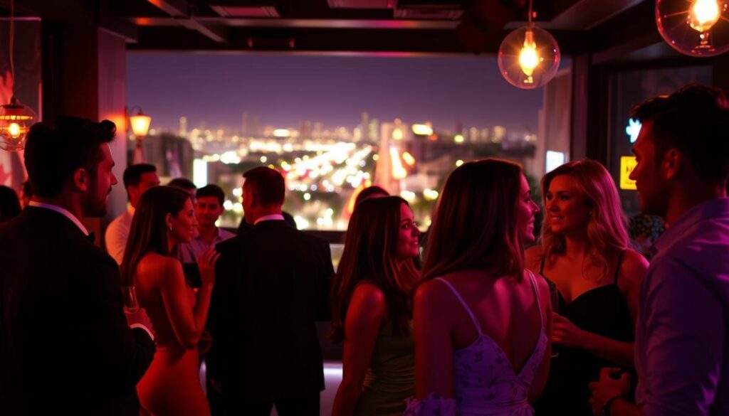 A vibrant scene of upcoming speed dating events in Plantation, Florida. In the foreground, an intimate gathering of stylishly dressed individuals engaged in lively conversation, their faces alight with anticipation. The middle ground showcases a cozy, dimly lit lounge, with soft lighting creating a inviting ambiance. In the background, a cityscape of Plantation's bustling streets, hinting at the diverse community that the speed dating event will draw from. The overall atmosphere conveys a sense of excitement, potential connections, and the thrill of new beginnings.