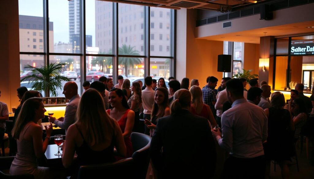 A vibrant speed dating event in the heart of Fort Myers, Florida. The scene depicts a modern, chic event space, with stylish decor and intimate seating arrangements. In the foreground, groups of singles converse animatedly, their body language exuding an air of excitement and anticipation. Soft, warm lighting casts a inviting glow, creating a welcoming atmosphere. The middle ground showcases a bar area, where attendees mingle and sip cocktails. In the background, floor-to-ceiling windows offer glimpses of the bustling city streets outside, providing a sense of the urban setting. The overall composition conveys the energy, social connection, and lively spirit of a quintessential speed dating event in Fort Myers.