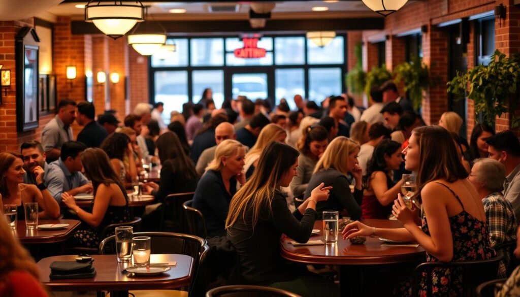 A bustling speed dating event in the heart of Wallingford Center, Connecticut. Warmly lit cafe tables fill a cozy indoor space, as singles mingle and engage in lively conversation. Soft jazz music plays in the background, creating an intimate, relaxed atmosphere. In the foreground, two people lean in, deep in an animated discussion, their faces aglow with the promise of new connections. The middle ground showcases a diverse group of participants, each with an air of anticipation. Framed by the inviting ambiance of the center's brick walls and charming decor, this scene captures the spirit of Wallingford's thriving dating community.