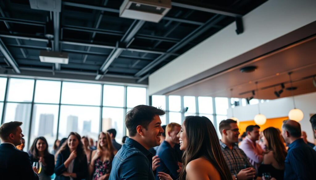 A vibrant scene of Orlando's speed dating events, captured with a wide-angle lens. In the foreground, a lively group of young professionals engaged in lively conversation, their faces animated with excitement. The middle ground features the backdrop of a chic, modern event space, with minimalist decor and warm, ambient lighting creating a welcoming atmosphere. In the background, a glimpse of the iconic skyline of Orlando, hinting at the energy and dynamism of the city. The overall mood is one of anticipation and connection, reflecting the spirit of the speed dating experience.