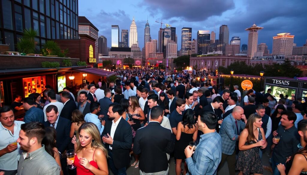 Nearby cities singles events: A bustling, vibrant scene with groups of people mingling and socializing in a lively urban setting. In the foreground, well-dressed singles engage in lively conversations, drinks in hand, against a backdrop of trendy bars, cafes, and event venues. The middle ground features diverse crowds moving through the streets, creating a sense of energy and excitement. In the background, a skyline of modern high-rises and iconic landmarks sets the stage for this thriving social hub, illuminated by warm, inviting lighting that enhances the welcoming atmosphere. Captured with a wide-angle lens to convey the scope and dynamism of the urban singles scene.