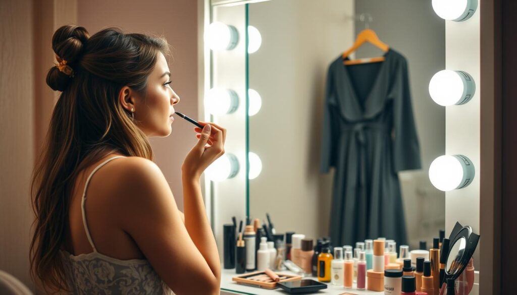 A young woman stands in front of a vanity mirror, applying her makeup with a delicate touch. The soft lighting creates a warm, inviting atmosphere, casting a gentle glow on her face. In the background, an array of beauty products and accessories are neatly arranged, reflecting her meticulous preparation for the upcoming date. Her outfit, carefully chosen, hangs on a nearby clothing rack, waiting to be donned. The scene conveys a sense of anticipation and excitement, as she readies herself for a memorable evening filled with the promise of new connections and possibilities.