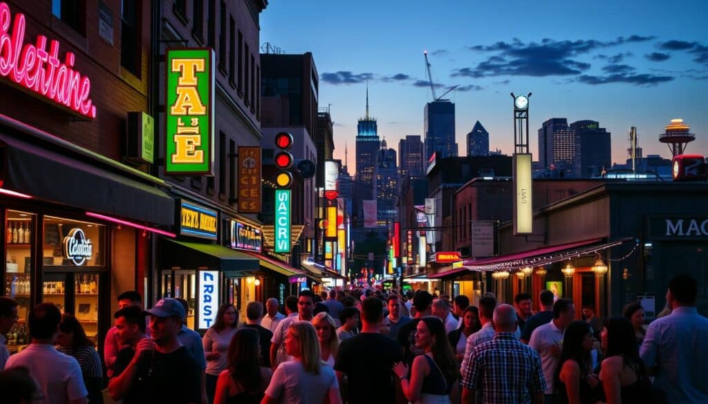 A bustling city street at dusk, with vibrant neon signs and twinkling lights illuminating the sidewalks. In the foreground, a group of people mingling and chatting, their expressions lively and engaged. In the middle ground, the facades of local bars, restaurants, and event venues, each with their own unique character and style. In the background, a skyline of high-rise buildings and a few iconic landmarks, hinting at the energy and diversity of the nearby cities. The atmosphere is lively, inviting, and full of the promise of new connections and social opportunities.