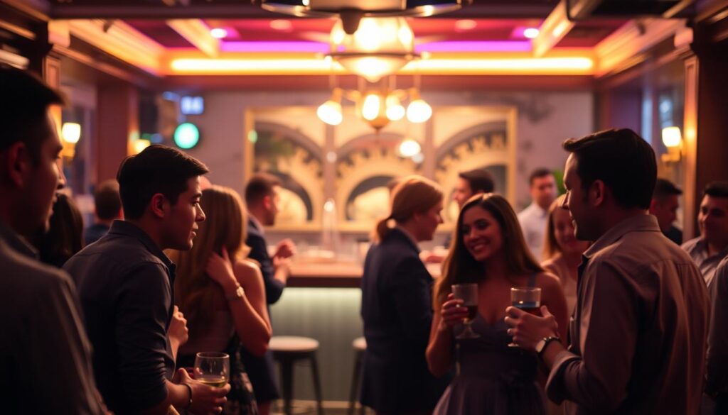 A cozy speed dating event in a dimly lit lounge, with ambient lighting and soft jazz playing in the background. In the foreground, a group of men and women engaged in lively conversations, their body language conveying a sense of anticipation and connection. The middle ground features a bar area where drinks are being served, creating a welcoming atmosphere. The background is blurred, with hints of tasteful decor and warm tones, reflecting the inviting and intimate nature of the event. The overall scene captures the essence of a speed dating experience - a balance of social interaction, chemistry, and a touch of romantic tension.