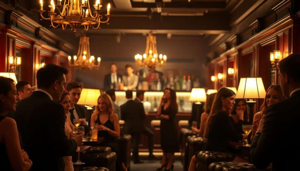A bustling speed dating event in a cozy, dimly-lit lounge. In the foreground, a group of smartly-dressed men and women engaged in lively conversation, faces illuminated by the soft glow of table lamps. The middle ground features a bar area with elegant cocktails being served, creating a sophisticated ambiance. In the background, the scene is framed by low-hanging chandeliers and plush leather seating, hinting at the inviting atmosphere. The lighting is warm and intimate, casting a romantic mood over the entire scene. The angle is slightly elevated, allowing the viewer to observe the interactions from an almost voyeuristic perspective.