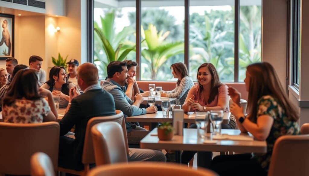 Bonita Springs speed dating event in a cozy café setting. Warm lighting illuminates the intimate tables where singles engage in lively conversation, gestures and warm smiles. A chic, modern interior with minimalist decor and soft pastel tones creates a relaxed, inviting atmosphere. In the background, a glimpse of the lush, subtropical foliage beyond the large windows, hinting at the vibrant local culture. Shallow depth of field focuses attention on the foreground interactions, while the overall scene conveys a sense of connection, energy and possibility.