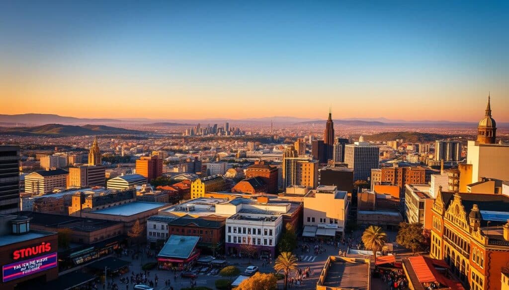 A vibrant cityscape showcasing several nearby cities with speed dating options. In the foreground, a lively downtown area with bustling crowds, neon signs, and trendy cafes and bars. In the middle ground, a mix of modern skyscrapers and historic landmarks. The background is filled with a panoramic view of rolling hills and a distant skyline. Warm, golden lighting illuminates the scene, creating a lively, energetic atmosphere that invites exploration. The image is captured with a wide-angle lens, emphasizing the scale and diversity of the surrounding urban landscape.
