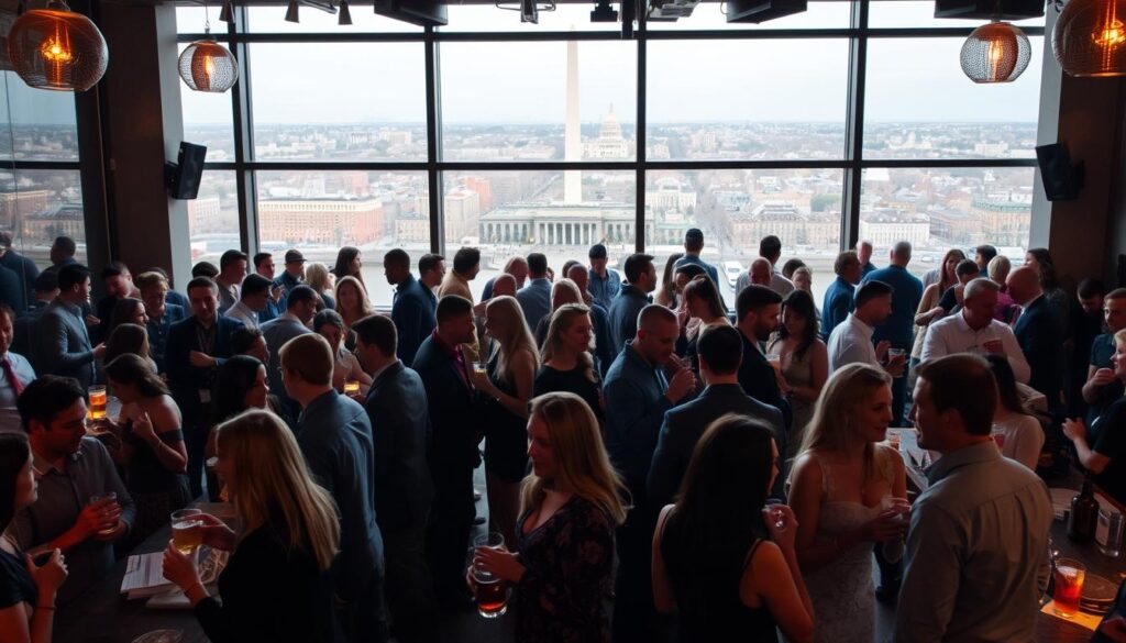 A bustling social scene at a hip downtown DC bar, where singles mingle amidst a warm, inviting ambiance. In the foreground, groups of young professionals engage in lively conversations, drinks in hand. The middle ground features a mix of intimate seating areas and open dance floors, where couples and groups sway to an upbeat soundtrack. The background showcases the urban landscape beyond the large windows, with the iconic monuments of the nation's capital visible in the distance. Soft, diffused lighting creates a cozy, intimate mood, while the overall scene conveys a sense of energy, connection, and the vibrant social life that draws DC's singles to these sought-after events.