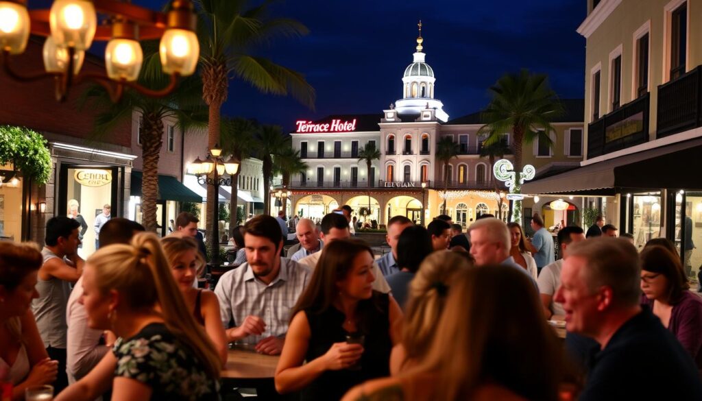 A lively speed dating event set in the vibrant city of Lakeland, Florida. In the foreground, a diverse group of people engaged in animated conversations, their faces lit by the warm glow of cafe-style lighting. In the middle ground, the backdrop showcases the charming downtown area, with its quaint shops, palm trees, and the iconic Lakeland landmark, the Terrace Hotel. The atmosphere is one of conviviality and chemistry, with a hint of anticipation as potential connections are made. The image is shot from a slightly elevated angle, capturing the energy and excitement of the occasion, inviting the viewer to imagine themselves as part of this lively Lakeland speed dating scene.