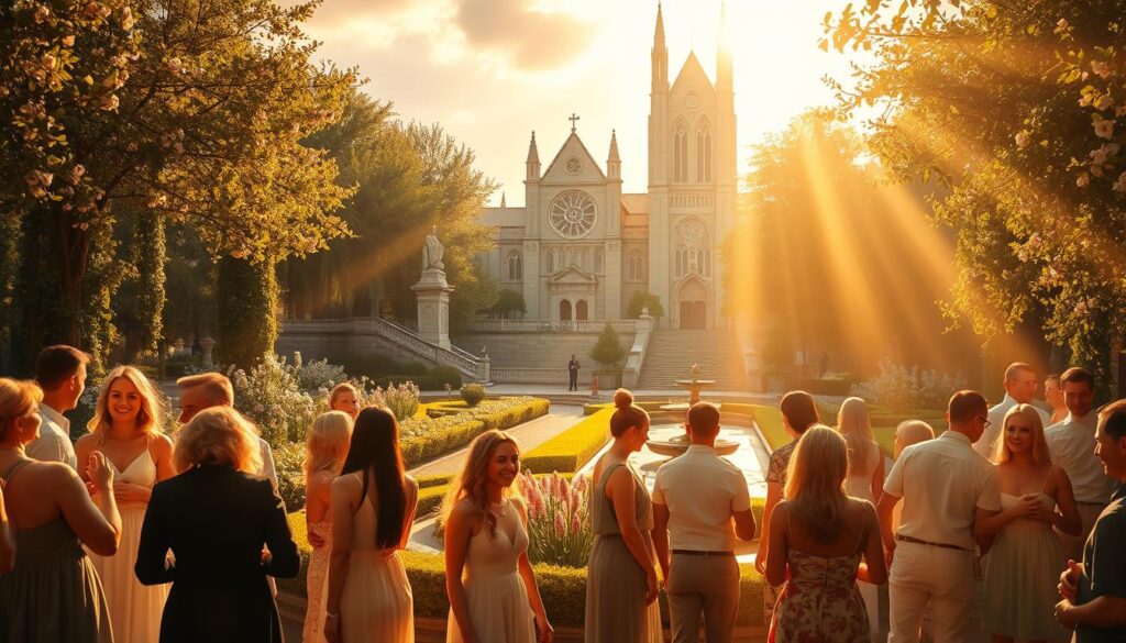 A serene, heavenly scene unfolds, bathed in warm, golden light. In the foreground, a group of radiant, smiling people mingle and converse, dressed in elegant, ethereal attire. The middle ground reveals a lush, verdant garden with blossoming flowers and a tranquil water feature, creating a peaceful ambiance. In the distance, a magnificent cathedral stands tall, its stained-glass windows reflecting the divine glow. Soft, angelic music fills the air, enhancing the tranquil, welcoming atmosphere of this celestial singles event, a joyous celebration of connection and community.