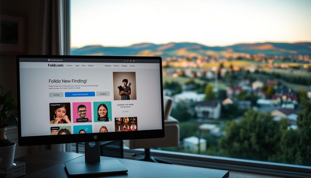 A serene and inviting scene of an online dating website interface, set against the backdrop of the charming town of Windsor, Colorado. In the foreground, a sleek and modern computer screen displays the Folkd.com homepage, its clean design and vibrant color palette drawing the viewer's attention. The middle ground features a cozy home office setting, with a comfortable chair, desk, and warm lighting, suggesting a welcoming and relaxed atmosphere for exploring new dating opportunities. In the background, the picturesque landscape of Windsor unfolds, with rolling hills, lush greenery, and a hint of the town's distinctive architecture, creating a sense of community and connection. The overall composition conveys the ease and excitement of expanding one's dating options through an online platform like Folkd.com, set against the backdrop of a charming and vibrant small-town setting.