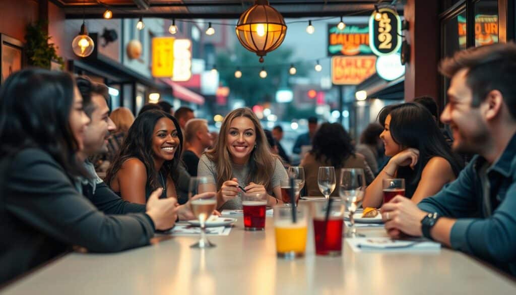 A lively speed dating event in a cozy cafe setting. In the foreground, a diverse group of singles engaged in animated conversation, their faces alight with joy and hope. The middle ground features a backdrop of intimate tables, soft lighting, and the warm ambiance of a bustling urban scene. The background showcases the vibrant streets of Northglenn, Colorado, where the promise of new connections and successful romantic encounters hangs in the air. The scene is captured through a cinematic lens, with a shallow depth of field that draws the viewer's attention to the engaging interactions at the heart of this successful speed dating gathering.