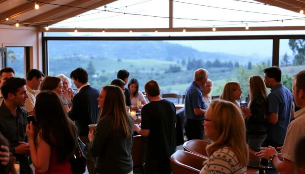 A lively speed dating event set in the charming Tamalpais-Homestead Valley. In the foreground, a group of casually dressed singles mingle and converse, their expressions animated as they seek potential connections. The middle ground features cozy seating areas where intimate discussions unfold, framed by the warm, ambient lighting of the venue. In the background, the scenic Tamalpais landscape peeks through, hinting at the picturesque setting that envelops this event. A sense of energy, anticipation, and possibility permeates the scene, inviting the viewer to imagine the meaningful bonds that may form within this vibrant community.