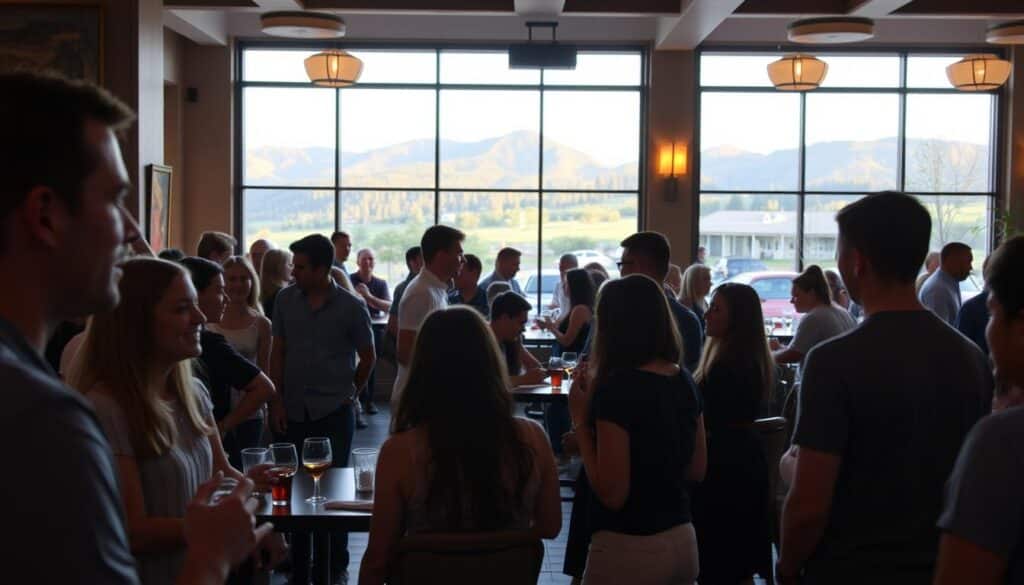 A bustling speed dating event set in the heart of Tamalpais-Homestead Valley, California. In the foreground, a group of casually dressed young adults engage in lively conversations, their faces lit by warm ambient lighting. The middle ground reveals a tastefully decorated event space, with small tables and comfortable seating arrangements. In the background, the scene is framed by large windows, offering glimpses of the picturesque Tamalpais mountain range and the vibrant local community. The overall atmosphere exudes a sense of energy, connection, and the promise of new beginnings.