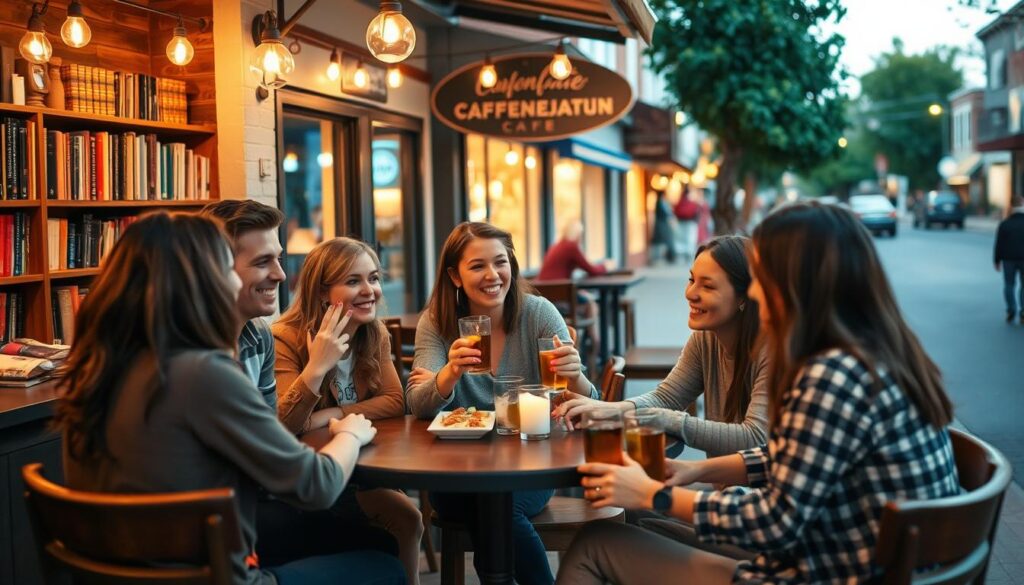 A cozy community gathering, with locals mingling over drinks and light bites at a charming cafe in downtown Commerce. Warm lighting sets a relaxed atmosphere, as groups of friends chat and laugh. In the background, a quaint bookstore and boutique shops line the street, hinting at the eclectic small-town vibe. A group of young professionals bond over shared interests, exploring alternatives to the typical speed dating scene. The scene conveys a sense of connection and community, capturing the essence of "Speed Dating Commerce California and Nearby Alternatives".
