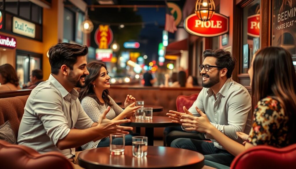 An intimate speed dating event in the vibrant heart of Alum Rock, California. A cozy cafe setting with warm lighting and plush seating arrangements, creating an inviting atmosphere for singles to mingle. Attractive men and women engage in lively conversations, gesturing animatedly as they get to know one another. Candid expressions and genuine smiles convey a sense of excitement and anticipation. In the background, the bustling streets of Alum Rock provide a lively urban backdrop, hinting at the dynamic community that surrounds this intimate gathering. A lens that captures the event's candid energy, with a shallow depth of field to draw the viewer's attention to the interactions at the forefront.