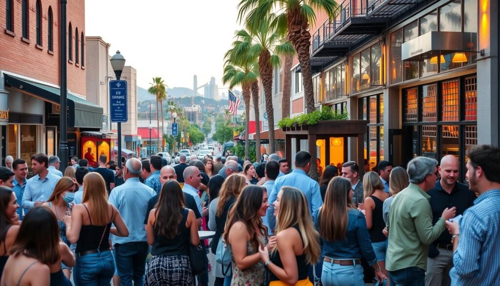 A vibrant city street in Alum Rock, California, filled with bustling speed dating events. In the foreground, a lively group of young professionals mingles and chats, dressed in stylish attire. The middle ground showcases a cozy cafe with warm lighting and inviting decor, where intimate conversations unfold. In the background, the skyline of Alum Rock is visible, with its iconic landmarks and a hint of a sunset glow. The atmosphere is upbeat, social, and conducive to making new connections. Captured with a wide-angle lens, the scene conveys the energy and excitement of the local speed dating scene.