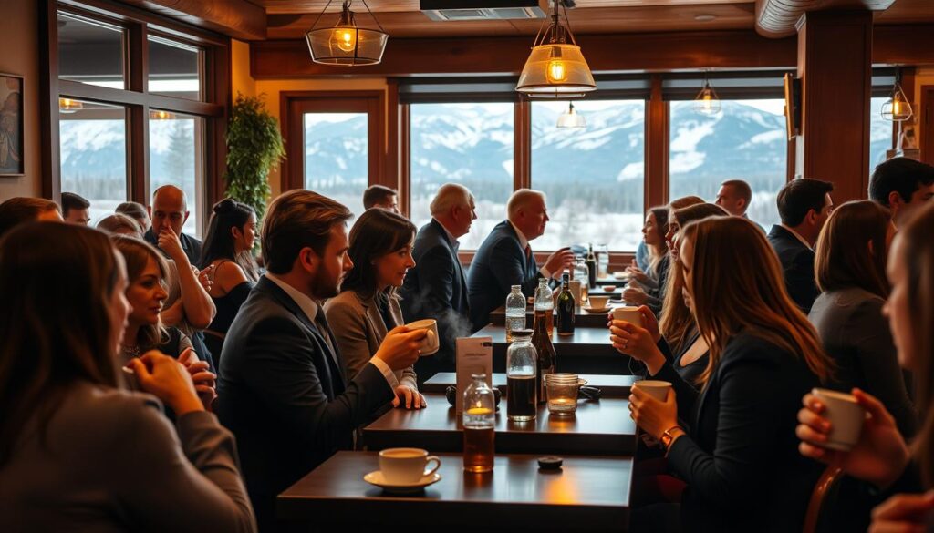 A bustling scene of speed dating in the cozy Colorado town of Sherrelwood. In the warm, inviting atmosphere of a local cafe, smartly dressed singles mingle and converse intently over steaming mugs of coffee. Soft lighting casts a golden glow, setting an intimate mood as they engage in lively discussions, seeking connections. The room is alive with the energy of new encounters, the promise of romance palpable in the air. Through large windows, the picturesque mountain landscape of Sherrelwood provides a picturesque backdrop, hinting at the outdoor adventures that await those who find their match.