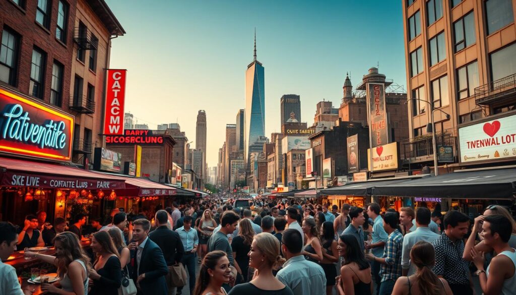 Vibrant cityscape showcasing singles events in nearby metropolitan areas. Bustling streets lined with trendy bars, clubs, and cafes buzzing with young, fashionable patrons. Middle ground features lively crowds mingling, laughing, and dancing. Soft, warm lighting casts a romantic glow, creating an inviting ambiance. In the background, iconic skyscrapers and landmarks emerge, establishing a sense of place. Cinematic, high-resolution photography with a shallow depth of field, drawing the viewer's eye to the social interactions in the foreground. Conveys a sophisticated, urban atmosphere perfect for meeting new potential partners.