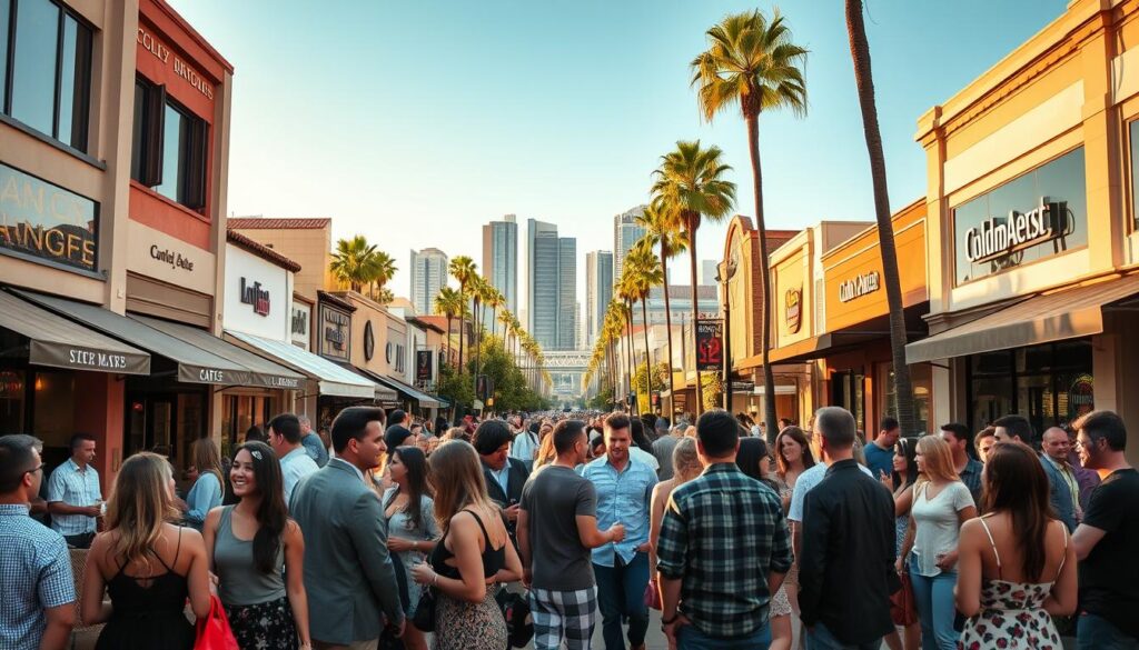 A bustling street scene in Orange County, California, captured with a wide-angle lens. In the foreground, a group of stylishly dressed singles mingle at an outdoor speed dating event, exchanging lively conversation and sharing laughter. The middle ground features a mix of trendy cafes, upscale boutiques, and trendy bars, all bathed in warm, golden afternoon light. In the background, the iconic palm trees and modern high-rises of the city skyline create a vibrant, cosmopolitan atmosphere. The overall mood is one of energy, opportunity, and the exciting potential of new connections.