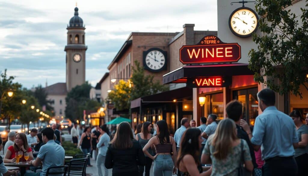 A bustling city street in downtown Danville, California, on a warm evening. In the foreground, a group of young professionals gathered around a chic cafe, engaged in lively conversation over craft cocktails. The middle ground features a trendy wine bar, its neon sign casting a warm glow onto the sidewalk, where couples and groups mingle. In the background, the historic Danville Clocktower stands tall, a beacon for the local singles scene. The scene is illuminated by a soft, golden hour light, creating an inviting and sophisticated atmosphere perfect for a speed dating event.