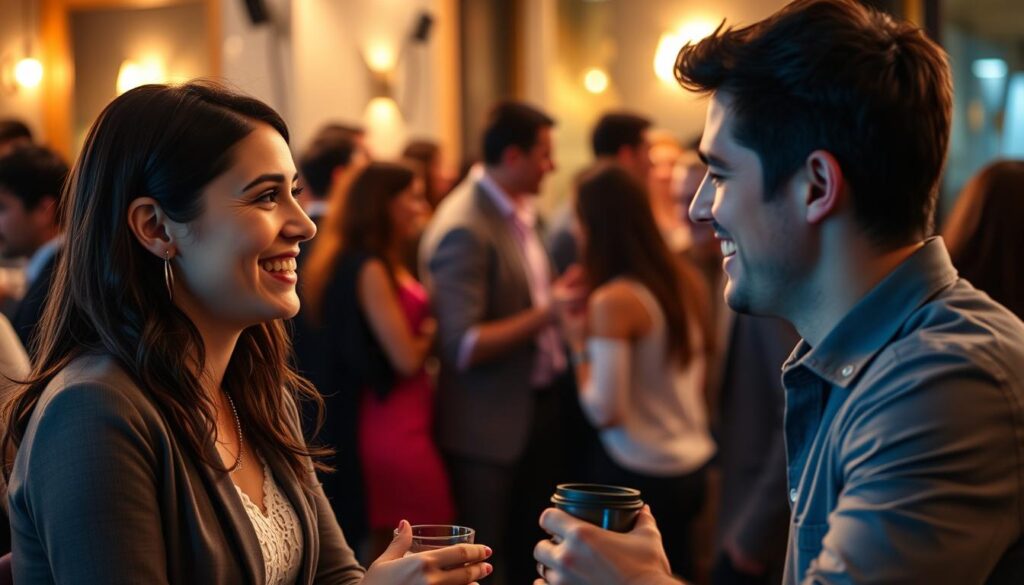A vibrant scene of speed dating success stories unfolds before us. In the foreground, two people engage in animated conversation, their faces alight with smiles and a palpable sense of connection. The middle ground reveals a diverse group of individuals mingling and exchanging numbers, their body language exuding an air of excitement and anticipation. The background is softly lit, creating a warm, intimate atmosphere, with subtle hints of a chic urban setting – perhaps a trendy café or a cozy lounge. The overall composition captures the energy, optimism, and promising potential of these speed dating encounters, inviting the viewer to imagine the stories that may unfold.