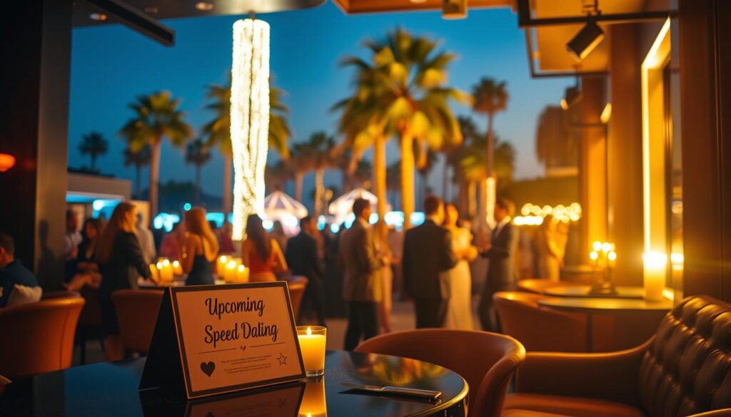 A chic, modern lounge in downtown Coachella, bathed in a warm, golden light. In the foreground, an elegantly laid-out table for a speed dating event, with a stylish placard reading "Upcoming Speed Dating" displayed prominently. In the middle ground, smartly dressed singles mingle and converse, their faces lit by the soft glow of candles. The background reveals the vibrant, festival-like atmosphere of Coachella, with palm trees swaying and the distant sound of music. The overall scene exudes a sense of excitement, anticipation, and the promise of new connections.